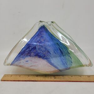 Murano Lavorazione Art Glass Basket Bowl Free Form Blue Green Yellow EASTER LARG